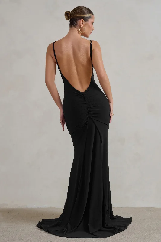 Fringe evening dress-Adele | Black Ruched Fishtail Cami Maxi Dress