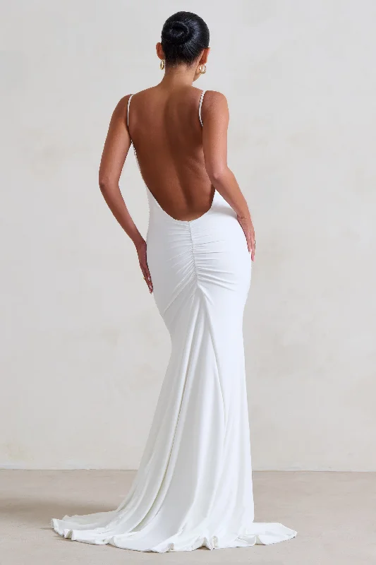 Velvet evening dress-Adele | White Ruched Fishtail Cami Maxi Dress