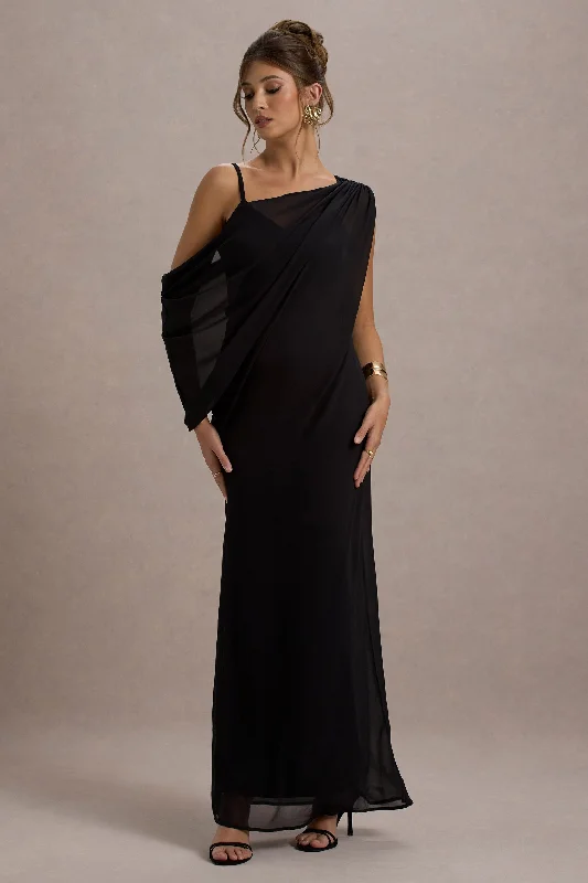 High-low prom dress-Aeliana | Black Strappy V-Neck Maxi Dress With Chiffon Sash