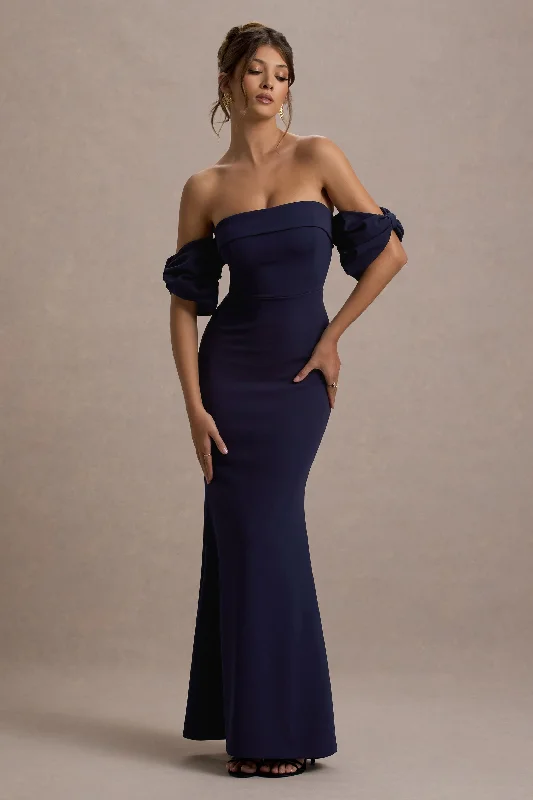 Ruched evening dress-Alaine | Navy Bardot Maxi Dress With Bow Sleeves