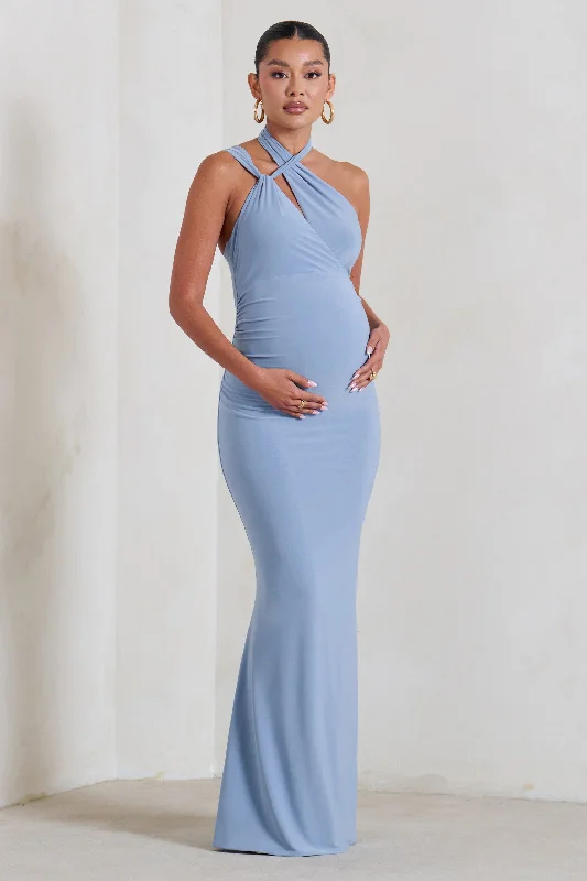 Striped sundress-Alba | Powder Blue Maternity Halter Asymmetric Maxi Dress with Cut Out