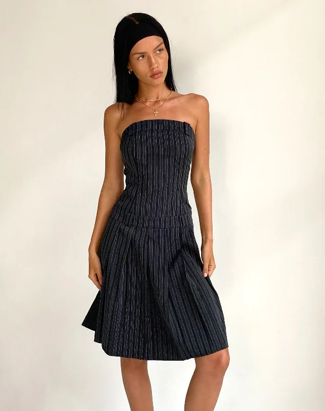 Long sleeve sundress-Aldari Bandeau Midi Dress in Tailoring Black Pinstripe