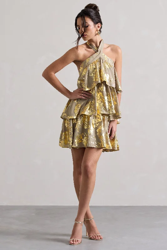 Lace prom dress-Alecia | Metallic Gold Halter-Neck Ruffle Mini Dress