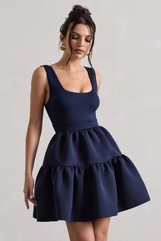 Floral prom dress-Alia | Navy Scoop-Neck Tiered Volume Hem Mini Dress