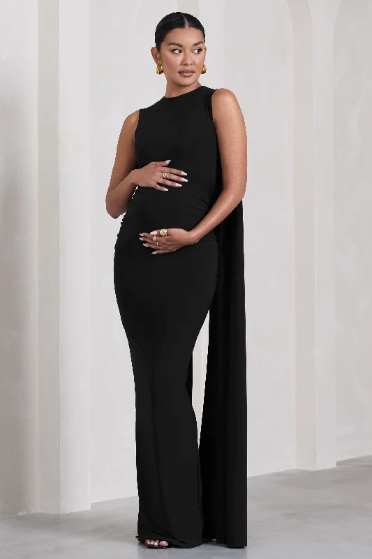 Polka dot sundress-Allora | Black High-Neck Sleeveless Cape Maternity Maxi Dress