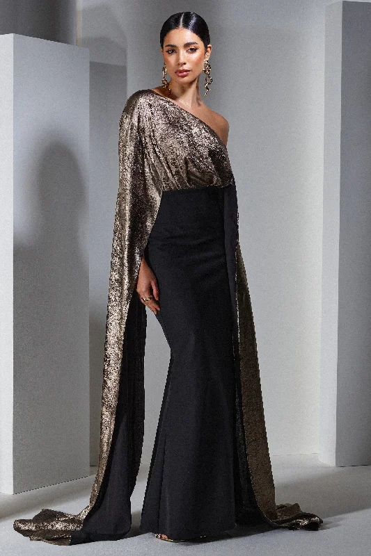 Lace prom dress-Alura | Black & Gold Metallic One Shoulder Cape Maxi Dress