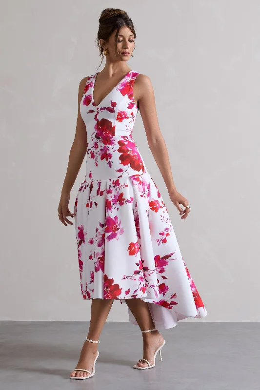 Glitter prom dress-Amoret | Pink Floral Print Plunge-Neck Maxi Dress With Volume Hem