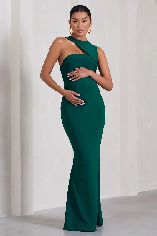 Ruched party dress-Angelic | Bottle Green High-Neck Cut-Out Maternity Maxi Dress