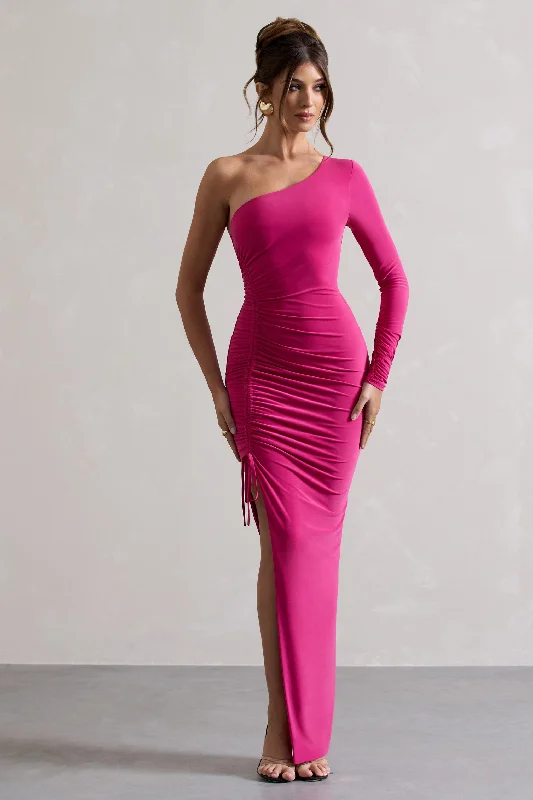 Long sleeve maxi dress-Anima | Dark Pink Asymmetric Ruched One-Sleeve Maxi Dress