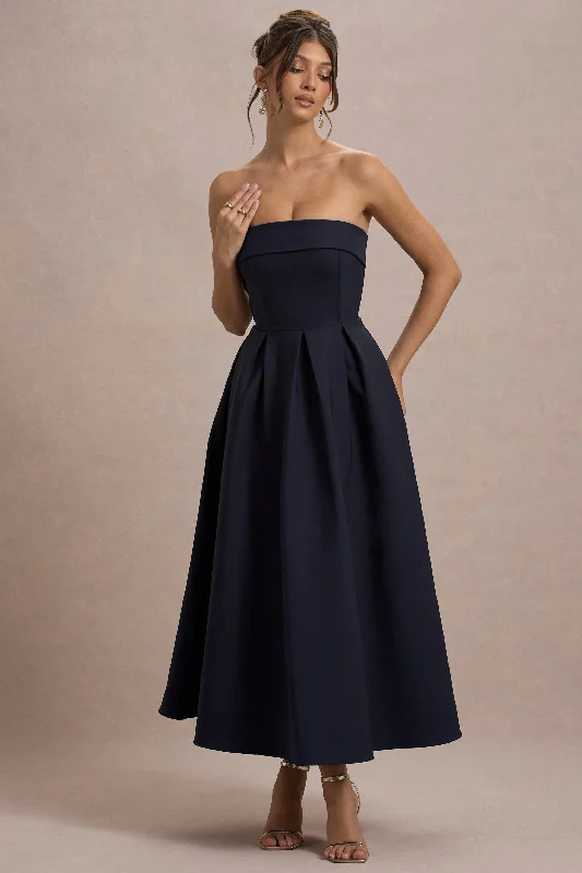 Smocked evening dress-Annalise | Navy Bandeau Skater Midi Dress