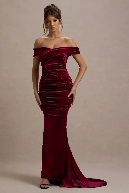 Off-shoulder maxi dress-Apolline | Berry Velvet Off The Shoulder Ruched Fishtail Maxi Dress