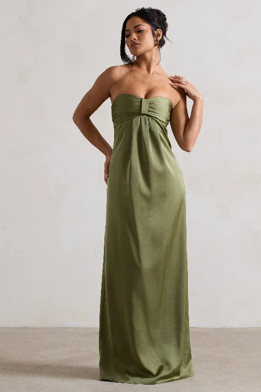 Smocked sundress-April | Olive Green Satin Sweetheart Maxi Dress