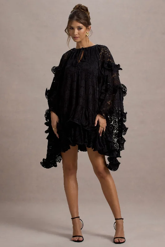 Ruched evening dress-Arlington | Black Lace Cape-Sleeve Mini Dress