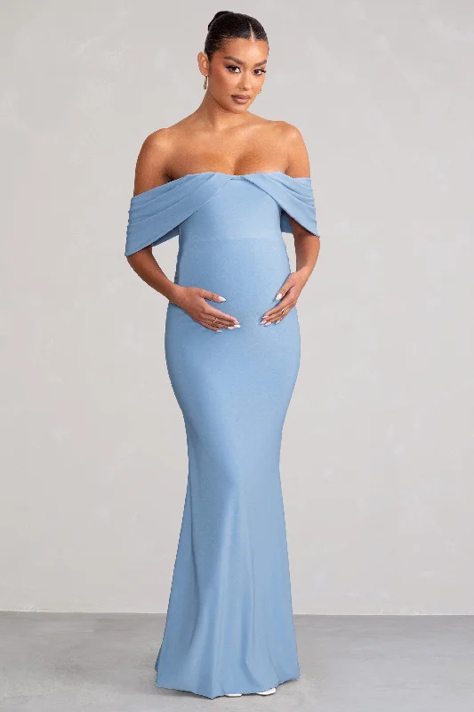 Striped midi dress-Asha | Powder Blue Draped Sleeve Bardot Maternity Maxi Dress