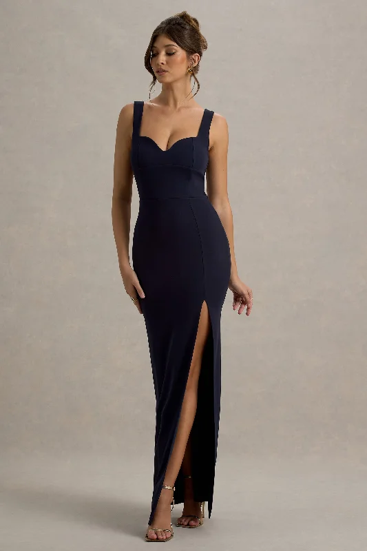 One-shoulder cocktail dress-Ashburn | Navy Strappy Sweetheart Split Maxi Dress