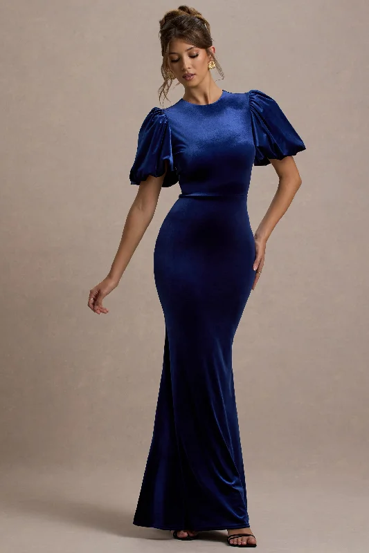 Gold sequin dress-Ashlin | Navy Velvet Puff-Sleeve Maxi Dress