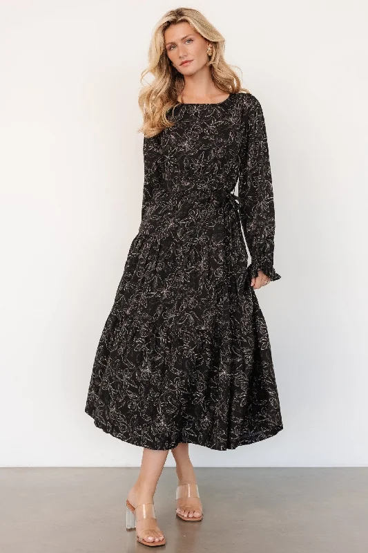 Smocked party dress-Ashlyn Long Sleeve Dress | Black Print