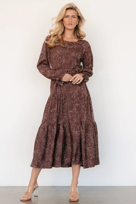 Pleated cocktail dress-Ashlyn Long Sleeve Dress | Brown Print