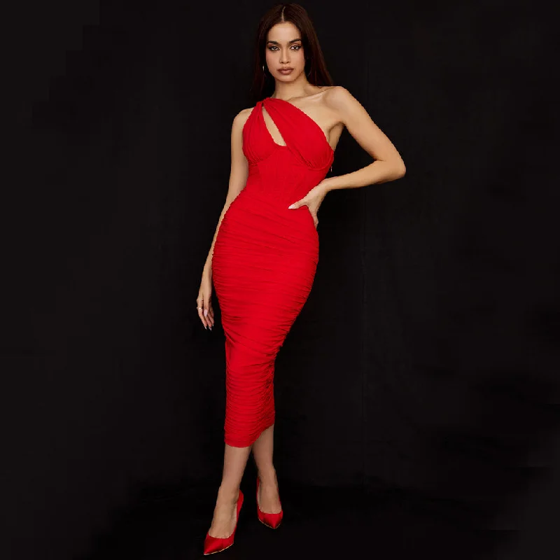 Long sleeve prom dress-Asymmetric One Shoulder Cutout Ruched Corset Mesh Midi Dress - Red