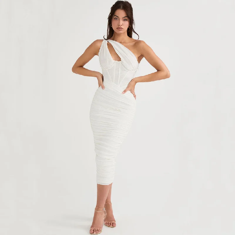 Glitter maxi dress-Asymmetric One Shoulder Cutout Ruched Corset Mesh Midi Dress - White