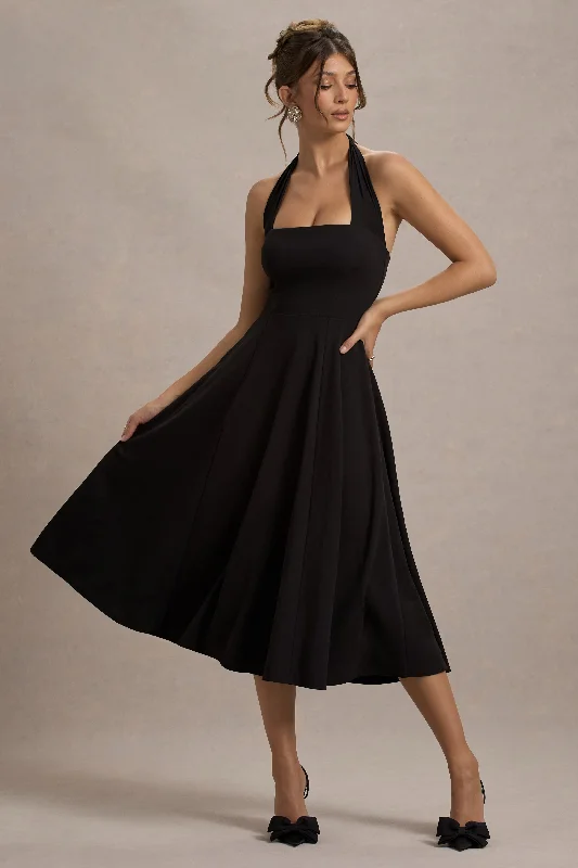 Tiered sundress-Auburn | Black Halter Skater Midi Dress