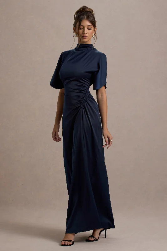 Halter neck cocktail dress-Audley | Navy Satin High-Neck Flutter-Sleeve Maxi Dress