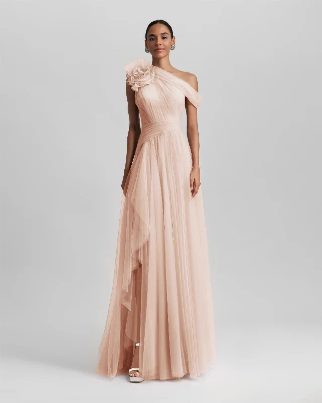 Floral evening dress-Blush Long Dress With Flower Design