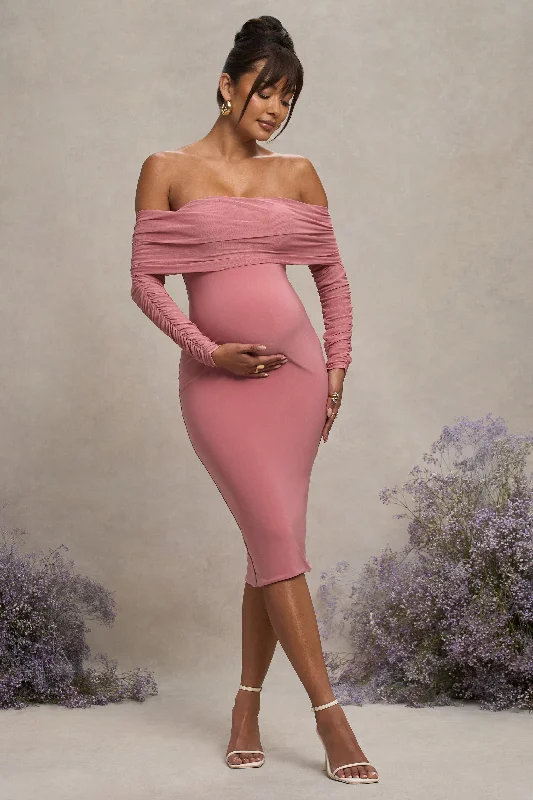 Gold sequin dress-Patiently Waiting | Blush Pink Maternity Ruched Mesh Bardot Midi Dress