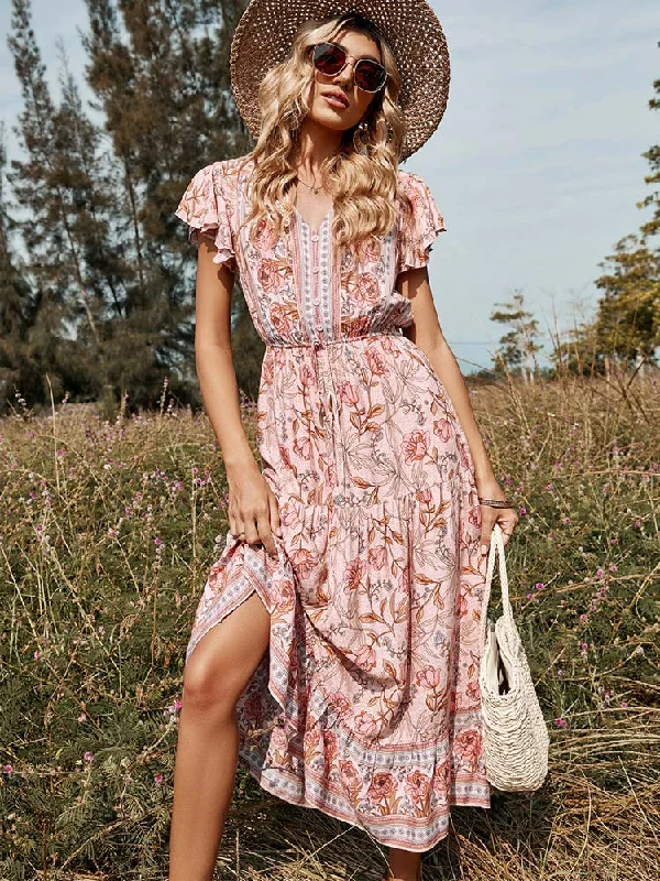 Printed wrap dress-BerriesJam - Bohemia Floral Dress Casual V Neck High Waist Ruffle Dress