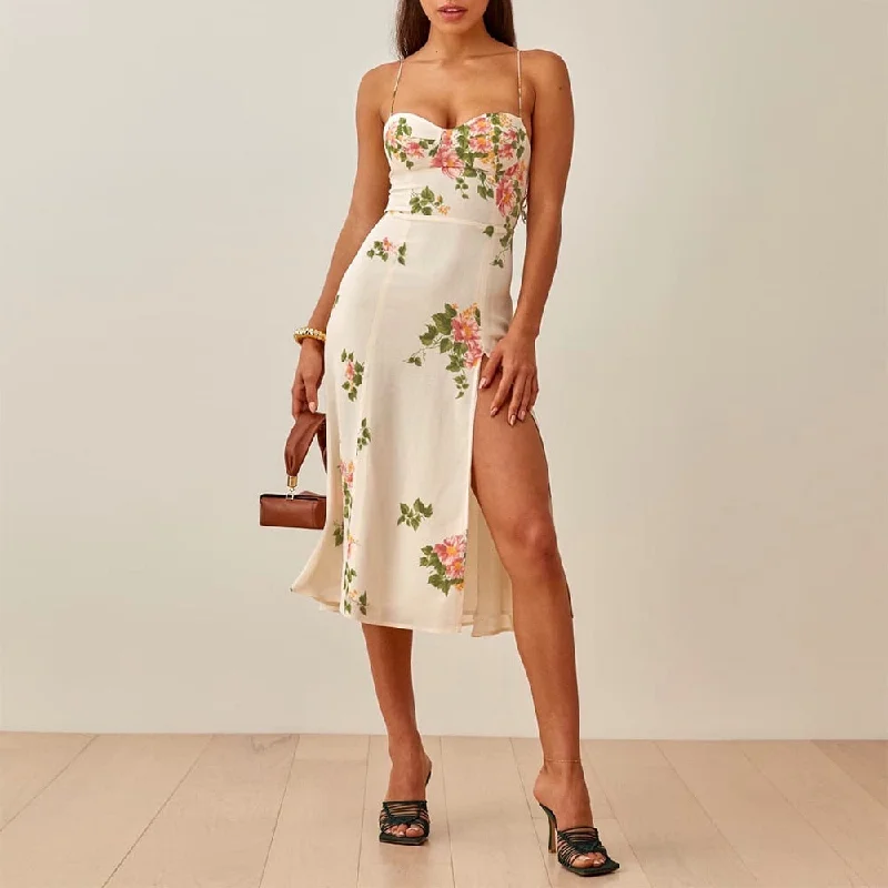 Ruffled hem dress-BerriesJam - Boho Spaghetti Strap Floral Beach Dress