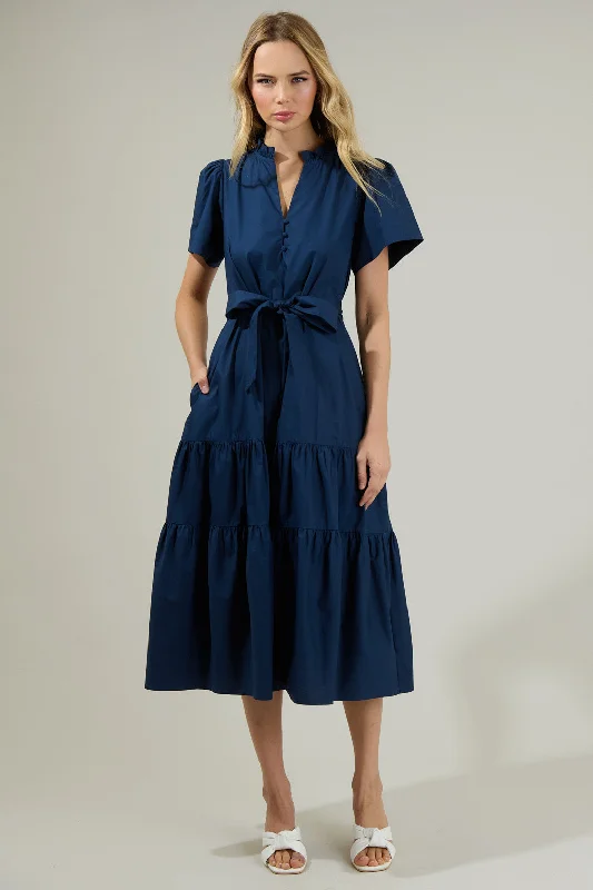 Off-shoulder midi dress-Britt Poplin Tiered Midi Dress