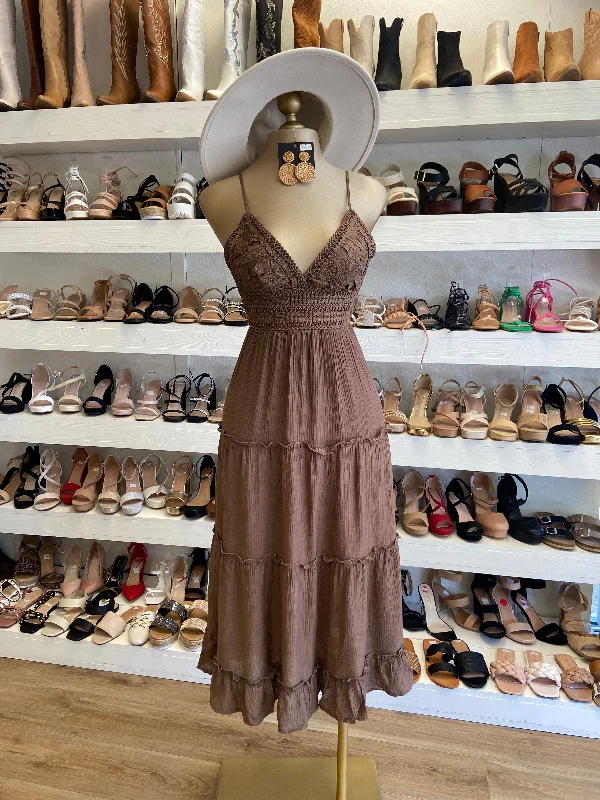 Ruched prom dress-Brown Lace Midi Dress