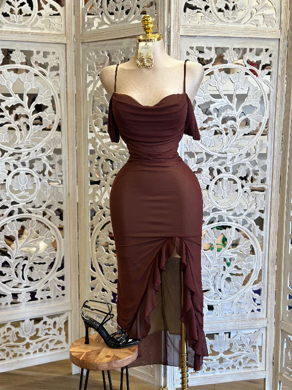 Short sleeve prom dress-Brown Mesh Off Shoulder Ruffled Midi Dress - Estira, Stretchy