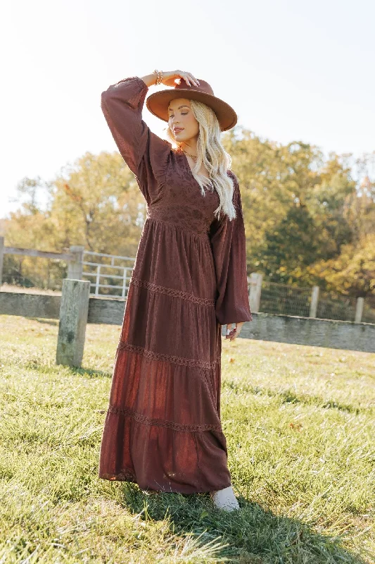 Floral summer dress-Brown V Neck Embroidered Maxi Dress