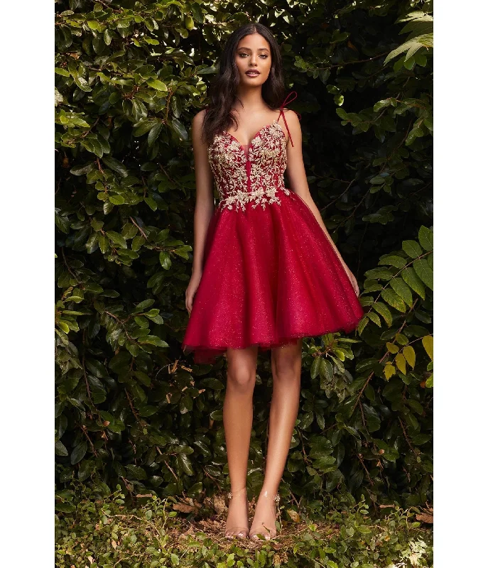 Pleated midi dress-Cinderella Divine  Burgundy & Gold Tulle & Corset Applique Mini Prom Dress