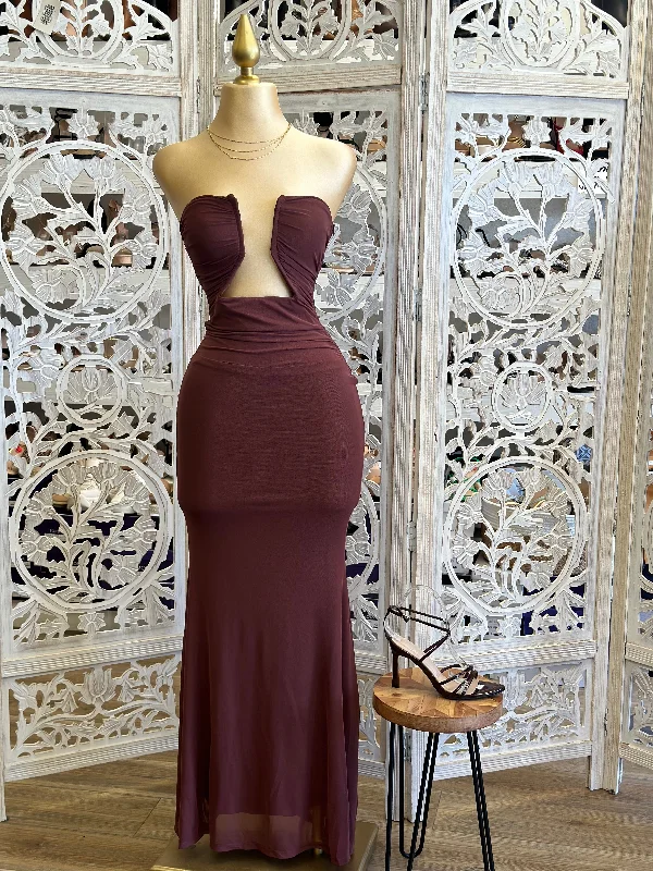 Velvet cocktail dress-Burgundy Underwired Mesh Midi Dress - Estira, Stretchy