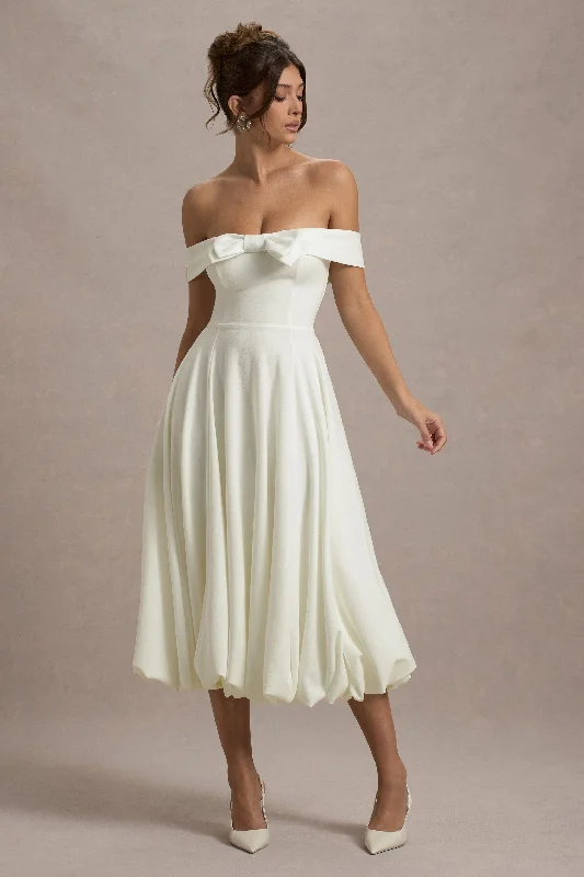 Satin cocktail dress-Calliopia | Cream Bow Bardot Midi Dress With Puff-Ball Skirt