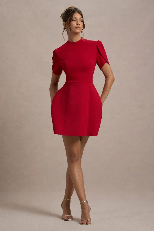 Satin midi dress-Carabella | Red High-Neck Short-Sleeve Mini Dress