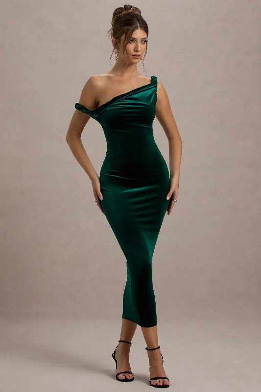 Corset prom dress-Carella | Bottle Green Velvet Twisted Asymmetric Midi Dress