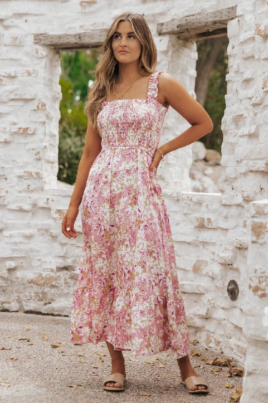 Satin slip dress-Caribbean Pink Floral Smocked Maxi Dress - FINAL SALE