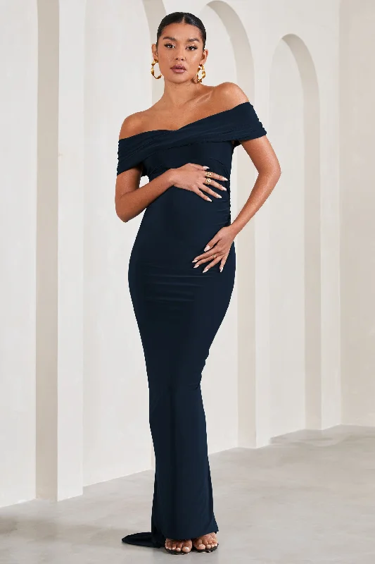 Lace cocktail dress-Carmen | Navy Bardot Maternity Maxi Dress