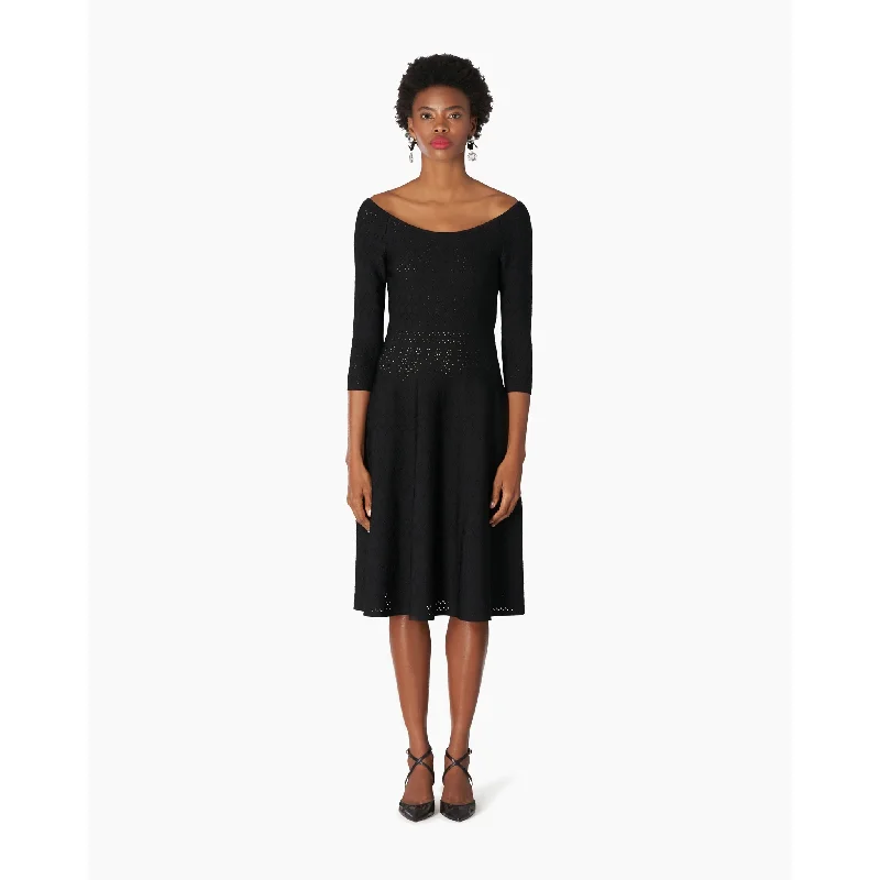 Pleated evening dress-Bateau Neck Flare Midi Dress | Black