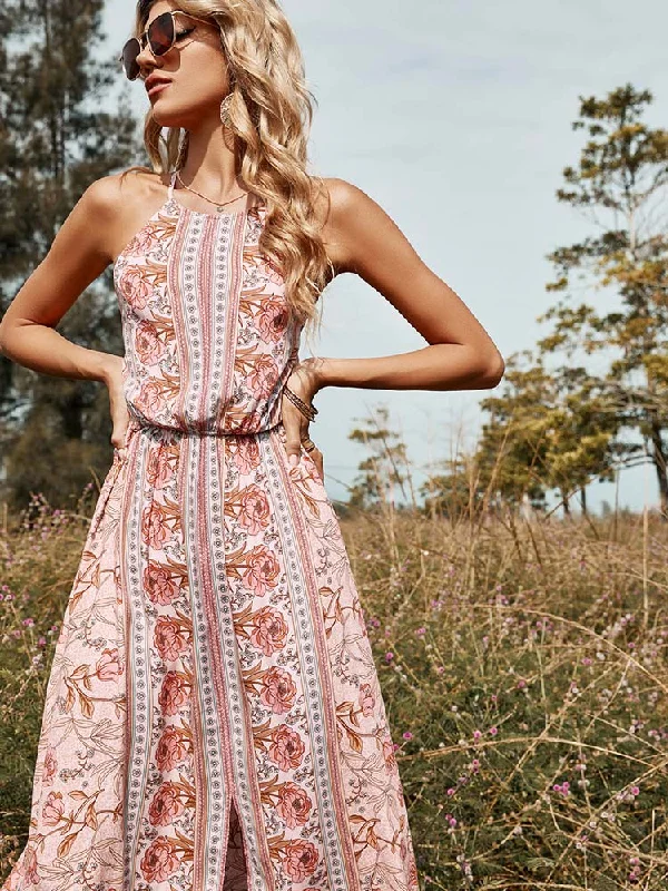 A-line midi dress-BerriesJam - Casual Pink Sling Print Sexy O-neck High-waist Backless Dress