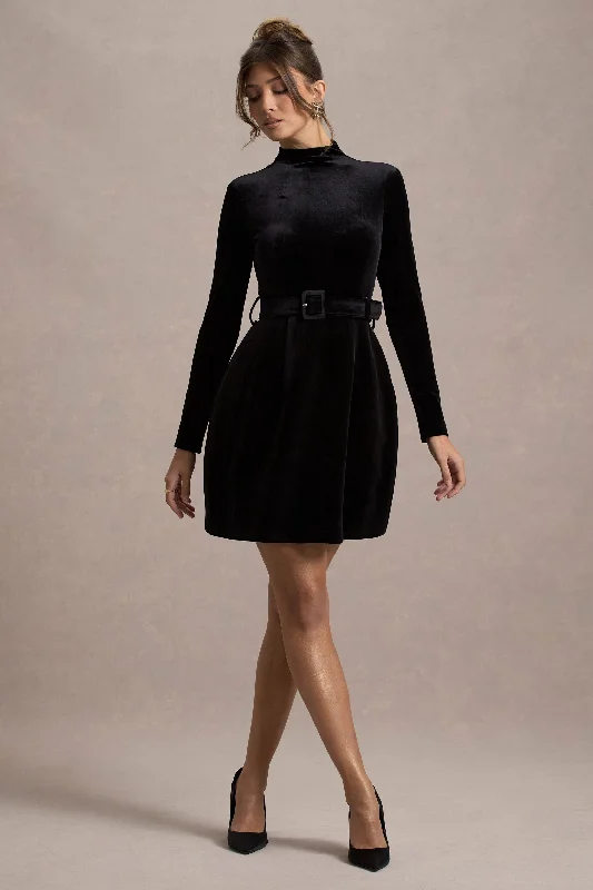 Off-shoulder maxi dress-Charm | Black Velvet Turtleneck Long-Sleeve Belted Mini Dress