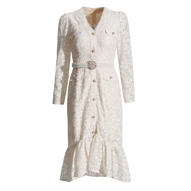 Floral wrap dress-Chic V Neck Long Sleeve Faux Pearl Belted Lurex Lace Fishtail Midi Dress