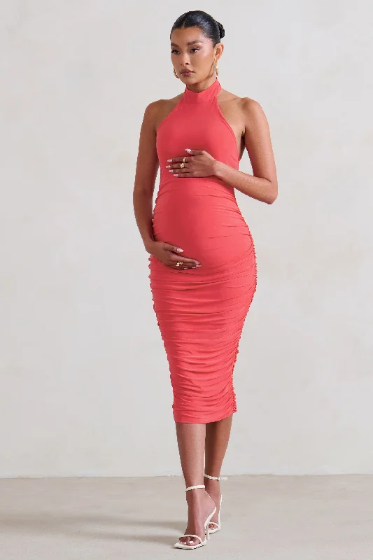 Short skater dress-Chrissy | Coral Maternity Halterneck Ruched Midi Dress