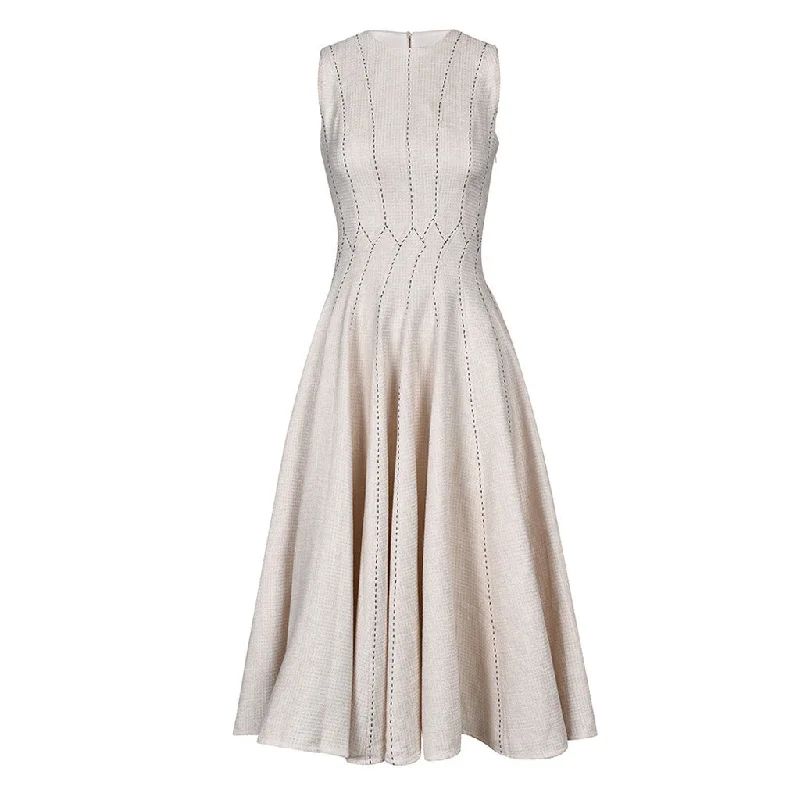 Fringe evening dress-Classy Contrast Stitching Crew Neck Fit and Flare Sleeveless Midi Tweed Dress