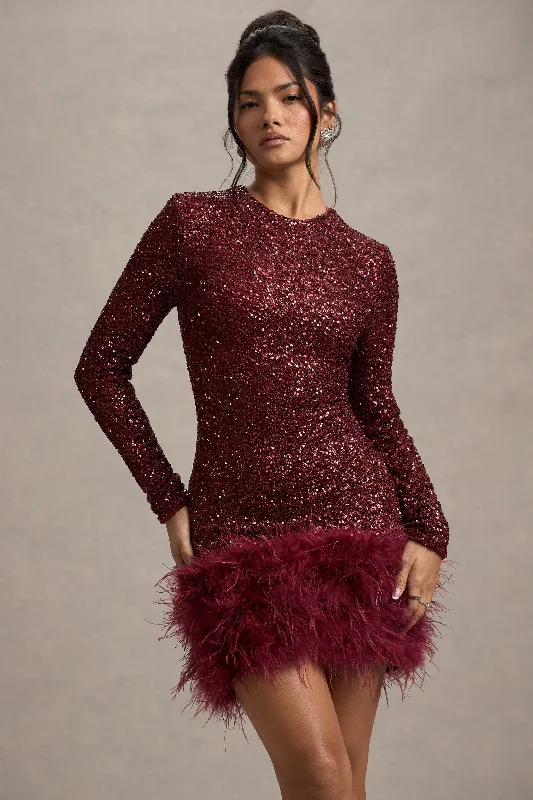 One-shoulder midi dress-Claudia | Berry Sequin High Neck Feather Hem Mini Dress With Long Sleeves