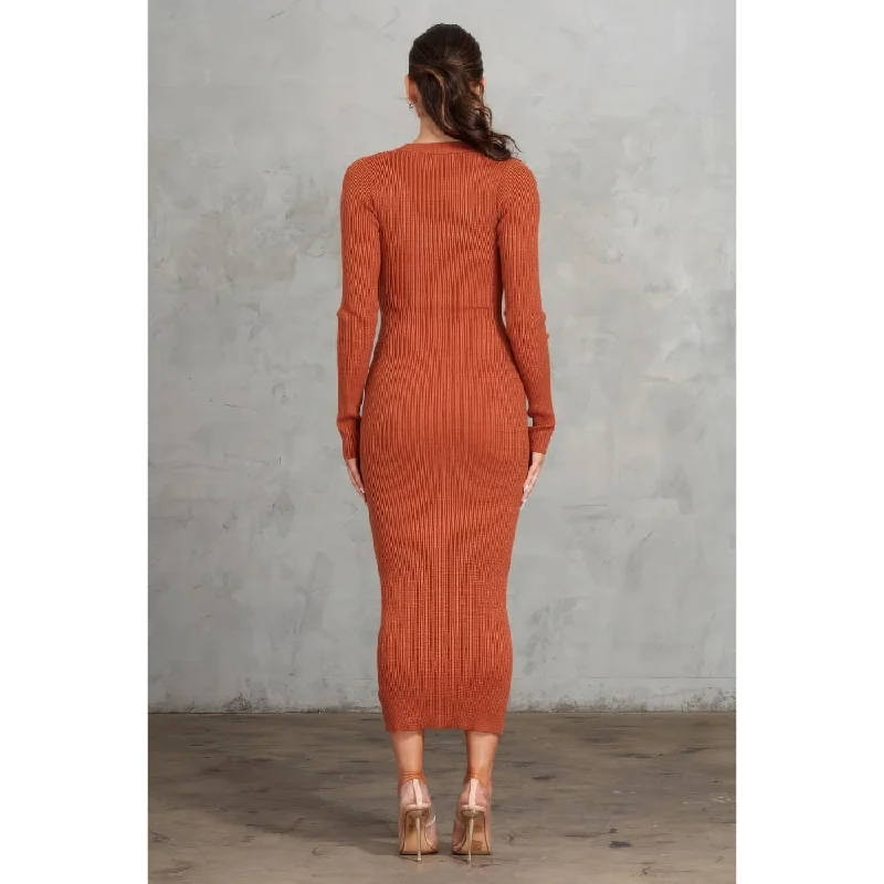 Fringe maxi dress-Cognac Ribbed Midi Dress, Long Sleeves with Thumbhole