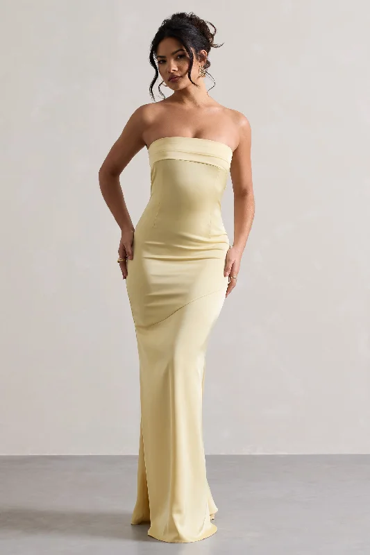 Brown wrap dress-Colada | Lemon Satin Pleated Bandeau Maxi Dress